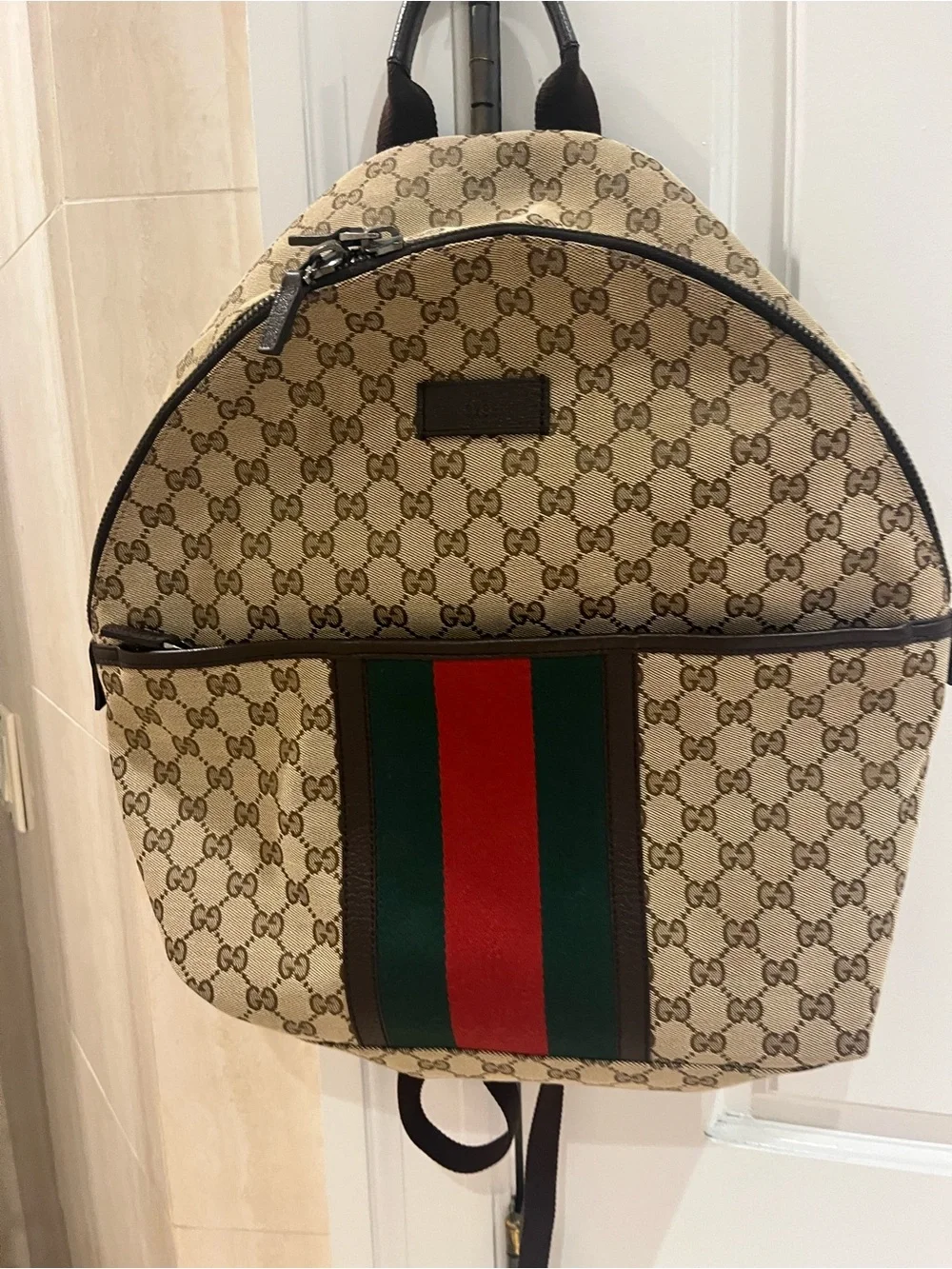 Gucci Beige GG Canvas Backpack with Green and Red Web Stripe